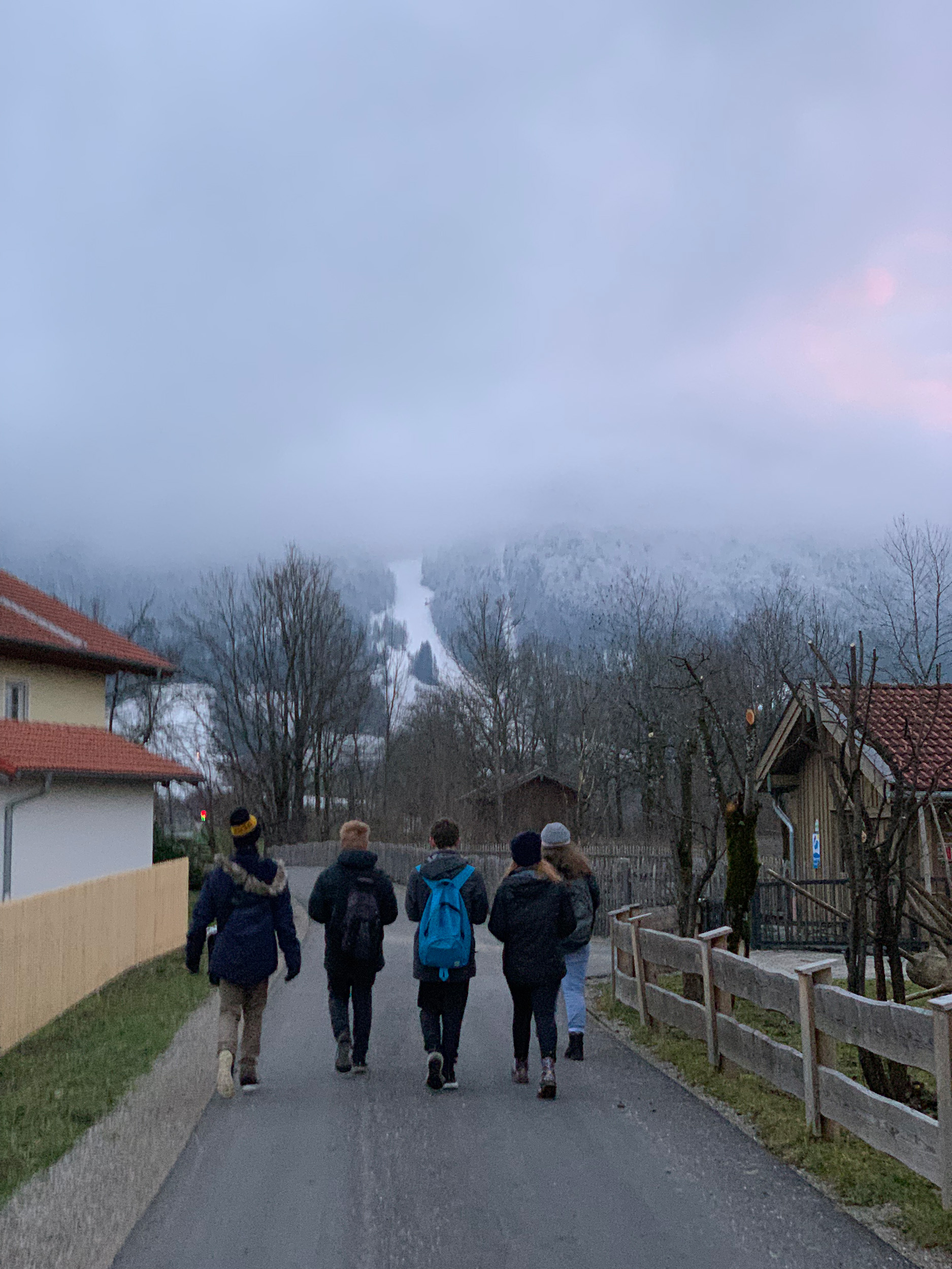 Students going on a walk during winter in Europe